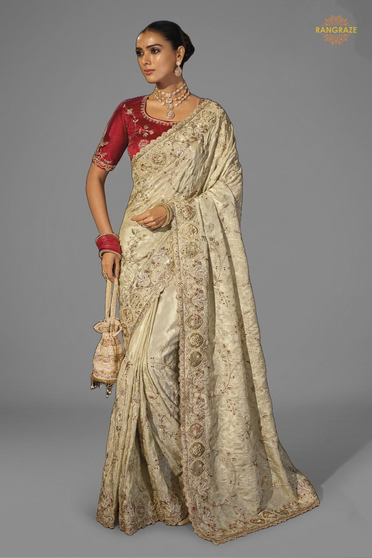 Cream Embroidered Kanjivaram Saree