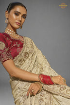 Cream Embroidered Kanjivaram Saree
