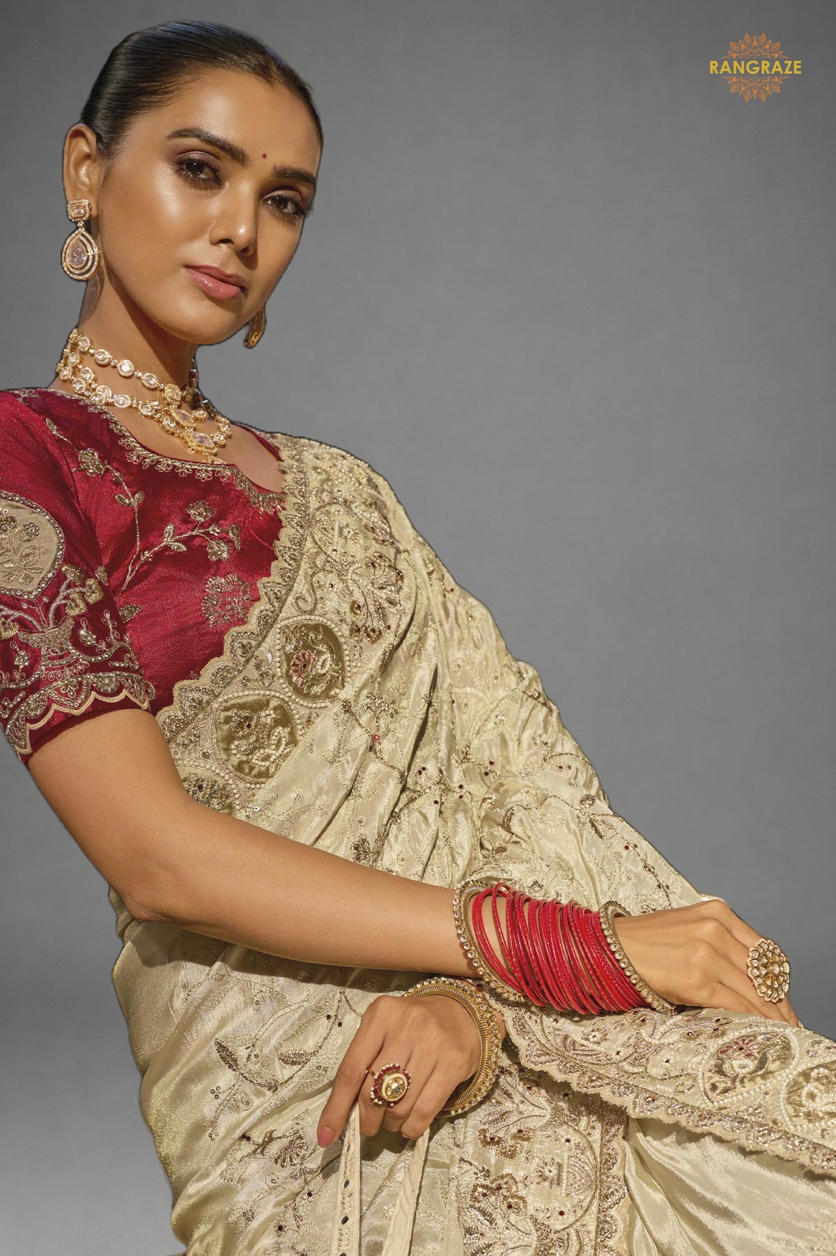 Cream Embroidered Kanjivaram Saree