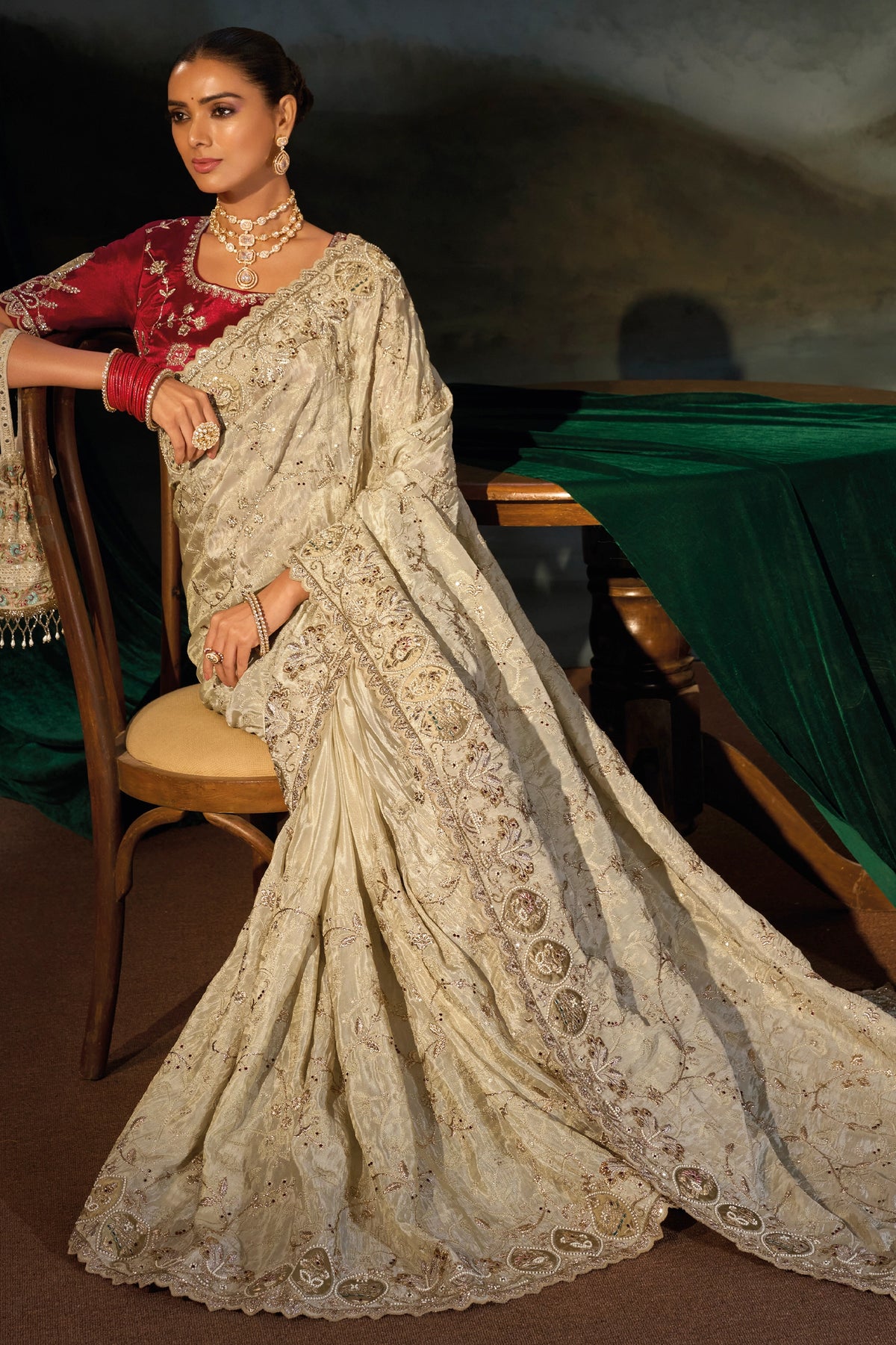 Cream Embroidered Kanjivaram Saree