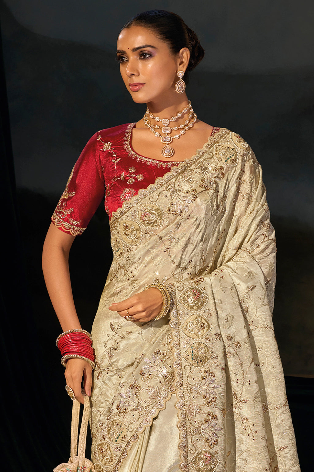 Cream Embroidered Kanjivaram Saree