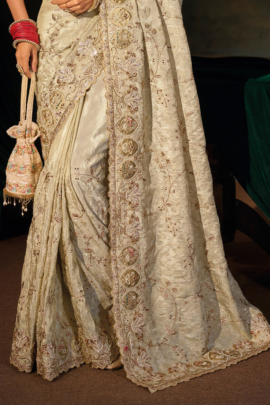 Cream Embroidered Kanjivaram Saree