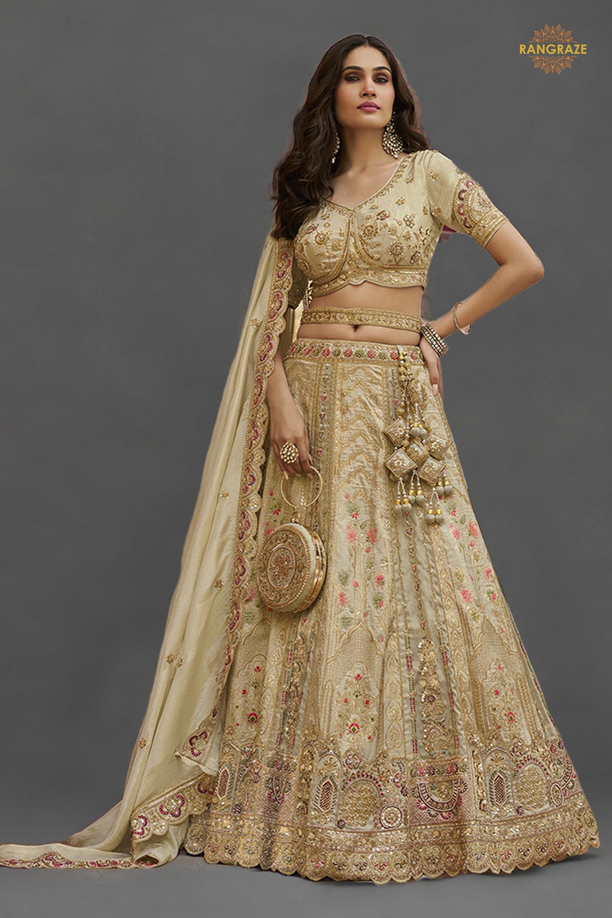 Cream Gold Heavy Work Banarasi Silk Lehenga With Clutch