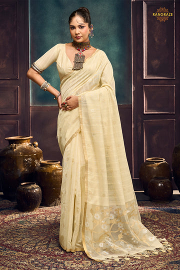 Cream Woven Munga Cotton Saree