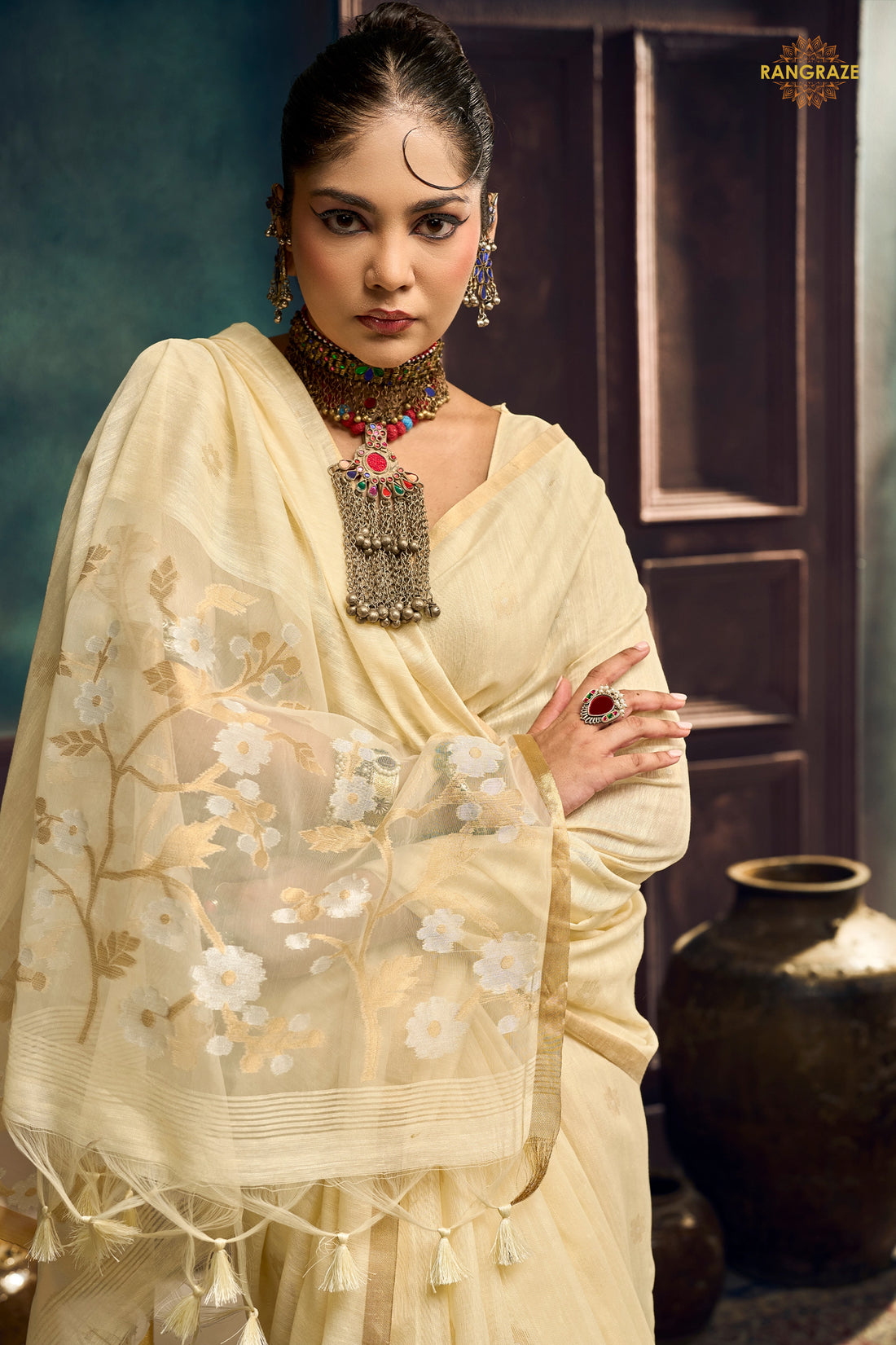 Cream Woven Munga Cotton Saree