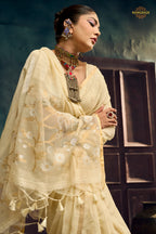 Cream Woven Munga Cotton Saree