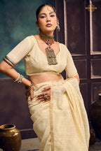 Cream Woven Munga Cotton Saree