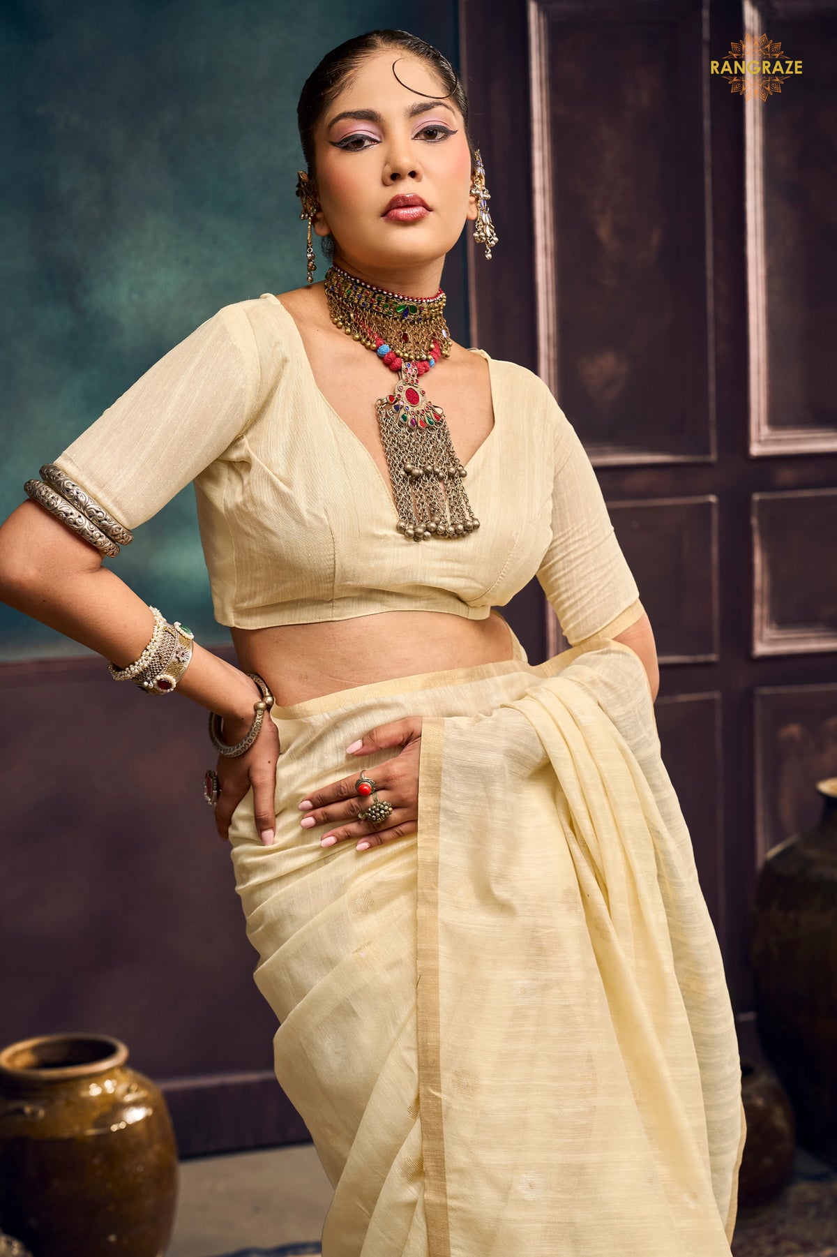Cream Woven Munga Cotton Saree