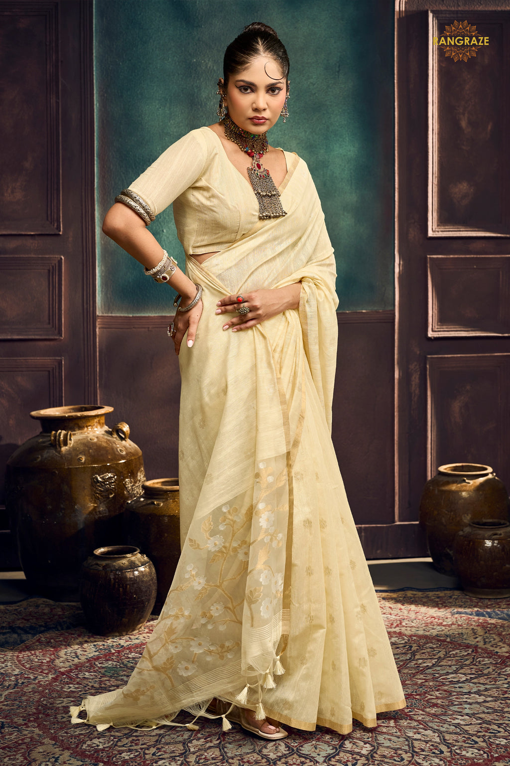 Cream Woven Munga Cotton Saree