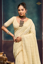 Cream Woven Munga Cotton Saree