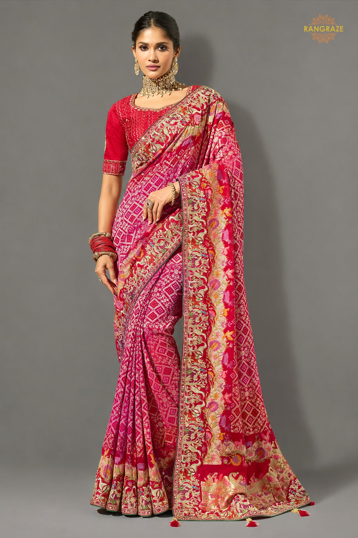 Crimson-Rani Embroidered Bandhej Georgette Saree