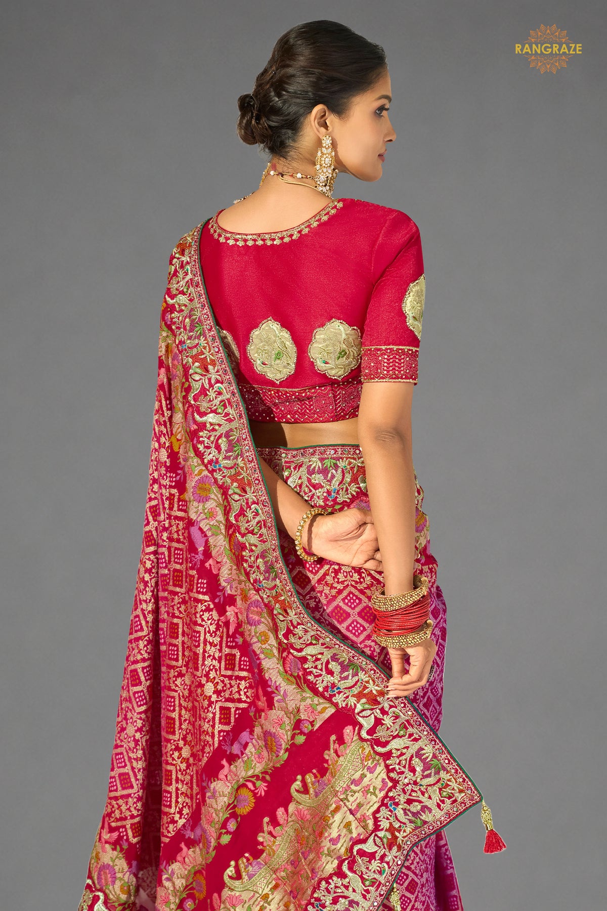 Crimson-Rani Embroidered Bandhej Georgette Saree