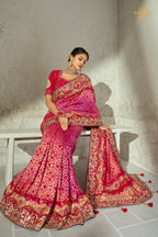 Crimson-Rani Embroidered Bandhej Georgette Saree