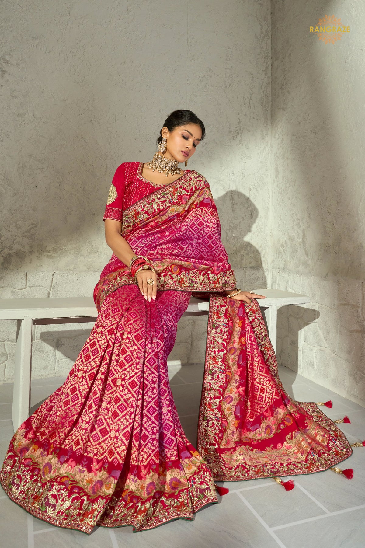 Crimson-Rani Embroidered Bandhej Georgette Saree
