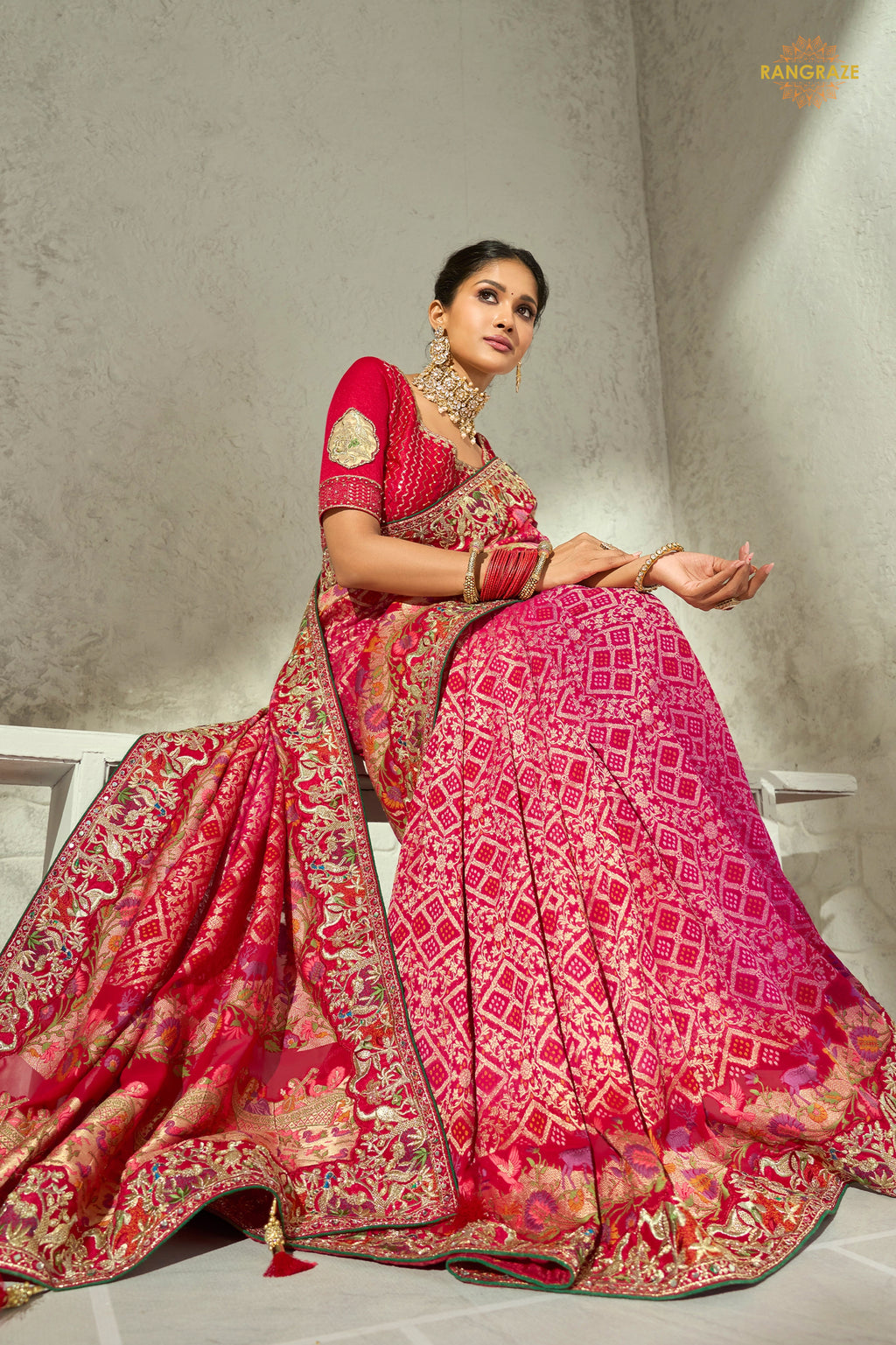 Crimson-Rani Embroidered Bandhej Georgette Saree