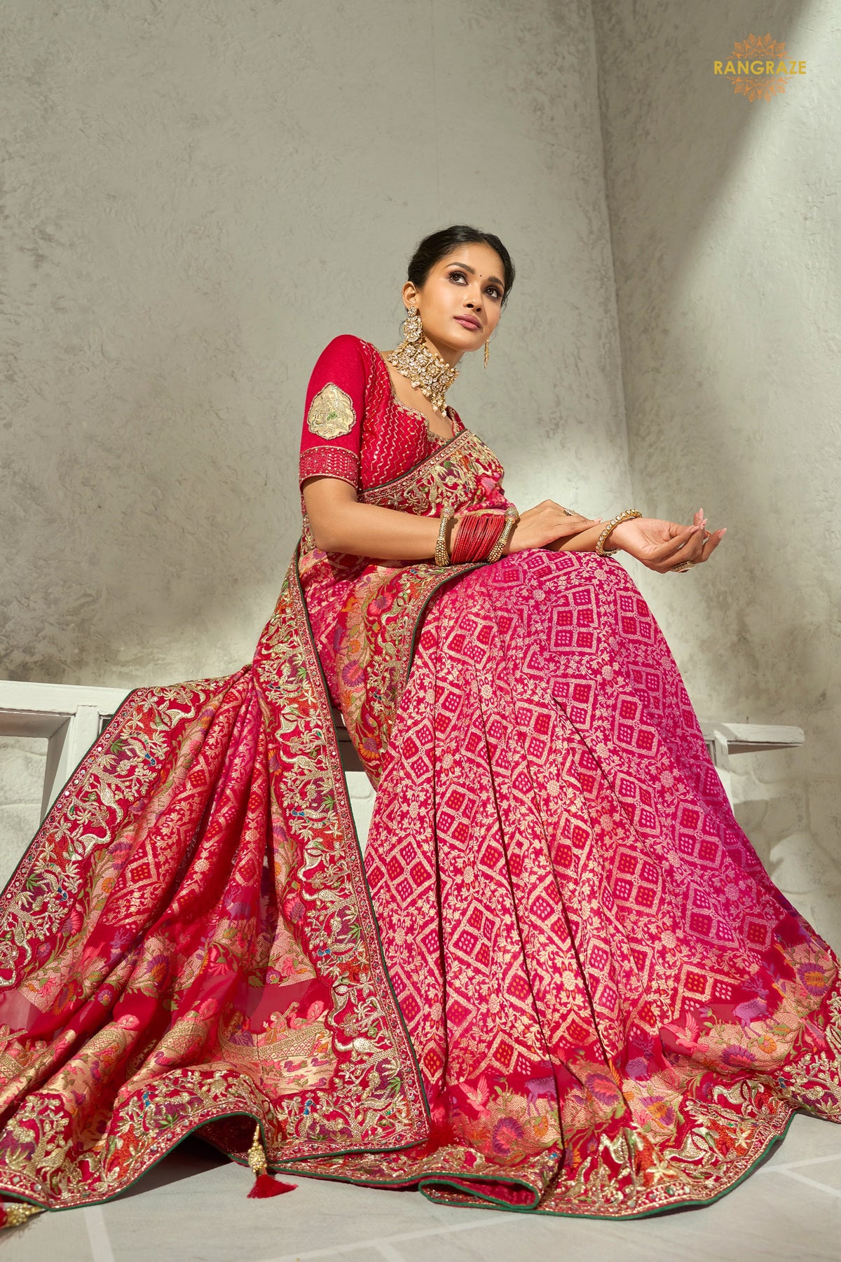 Crimson-Rani Embroidered Bandhej Georgette Saree