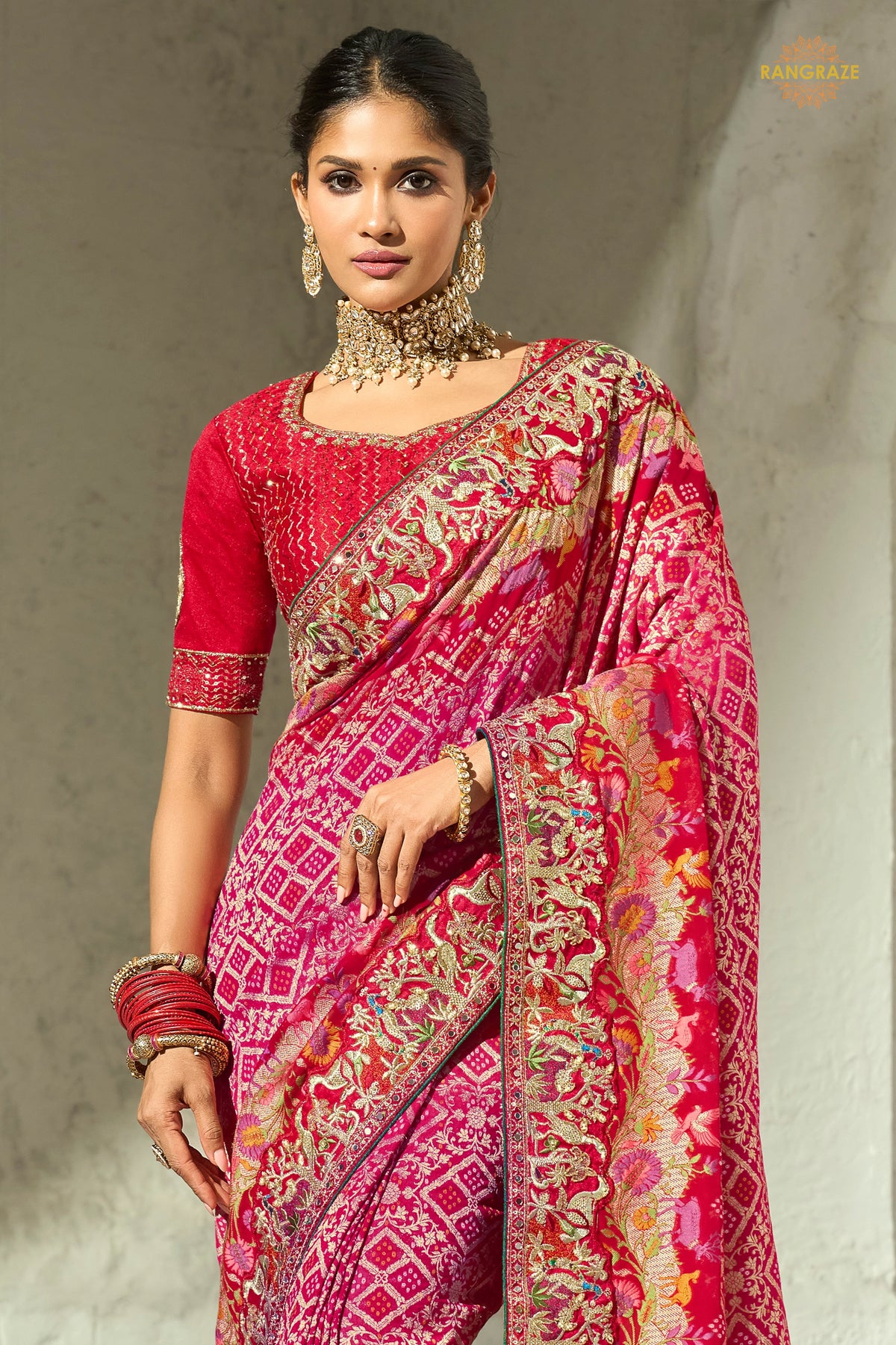Crimson-Rani Embroidered Bandhej Georgette Saree