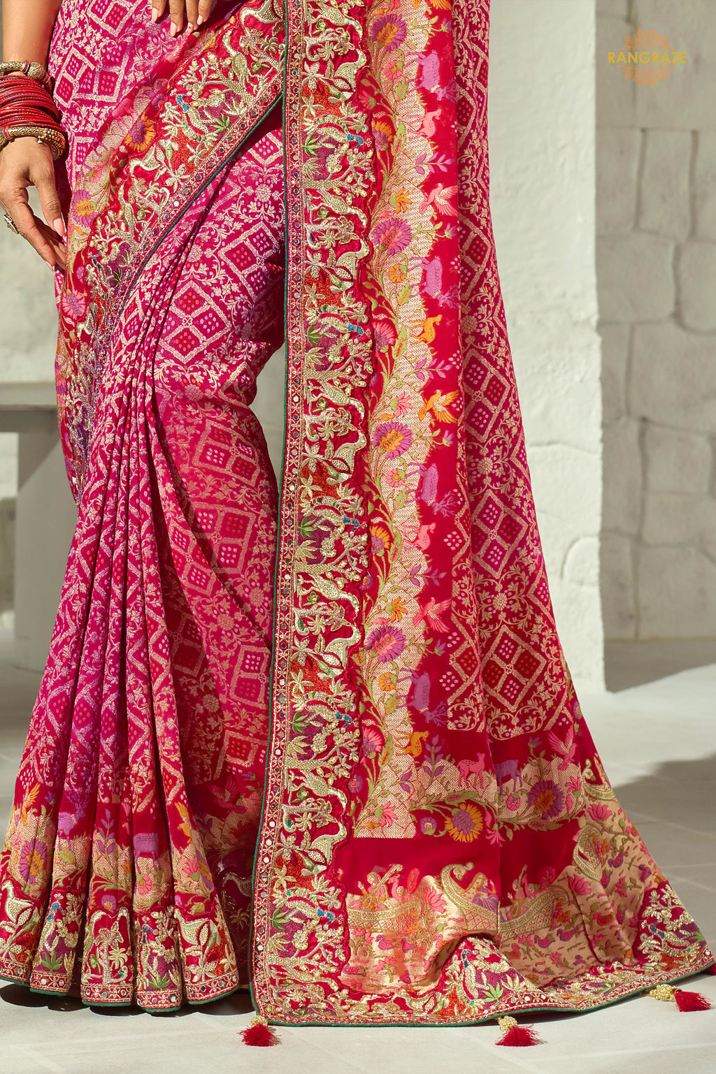 Crimson-Rani Embroidered Bandhej Georgette Saree