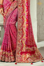 Crimson-Rani Embroidered Bandhej Georgette Saree