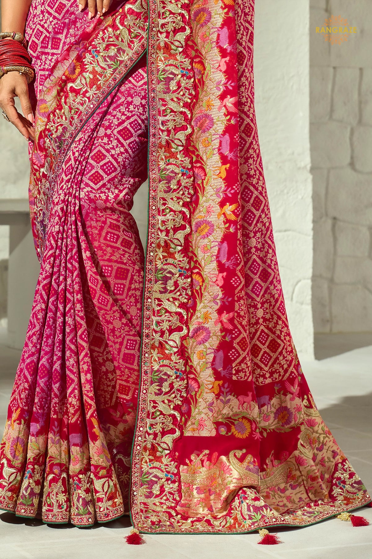 Crimson-Rani Embroidered Bandhej Georgette Saree
