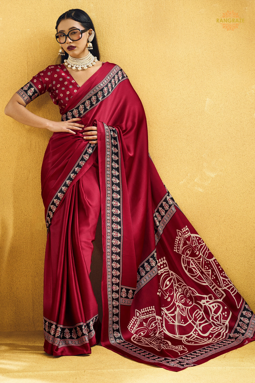 Crimson Red Ajrakh Print Modal Satin Saree