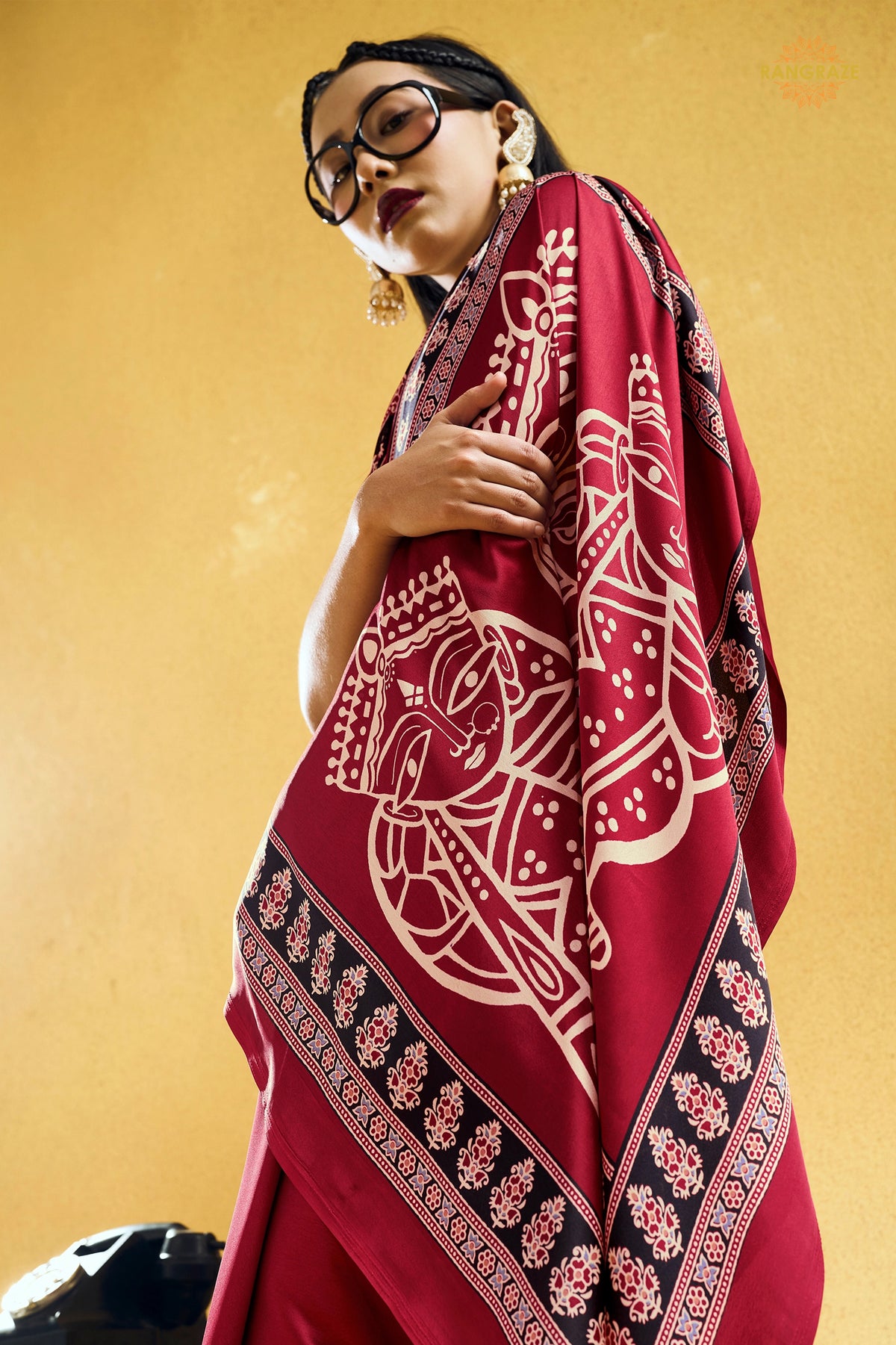 Crimson Red Ajrakh Print Modal Satin Saree