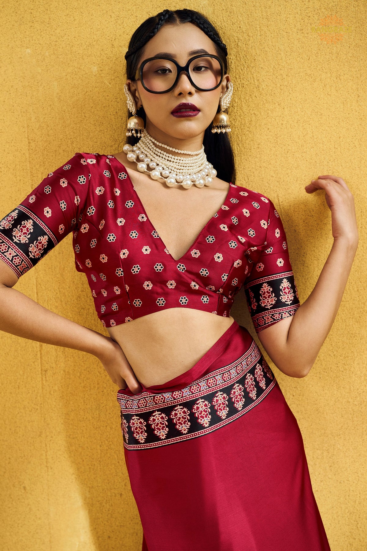 Crimson Red Ajrakh Print Modal Satin Saree