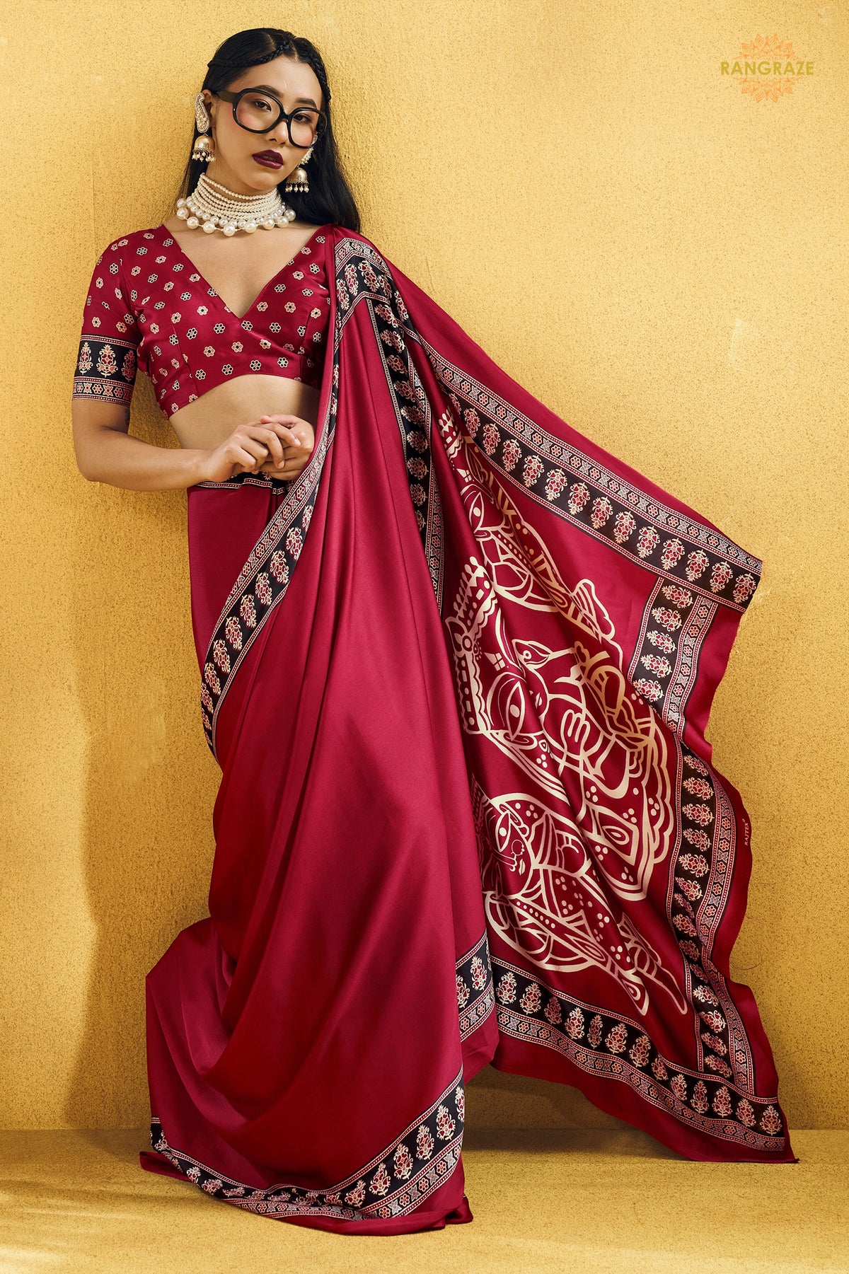 Crimson Red Ajrakh Print Modal Satin Saree