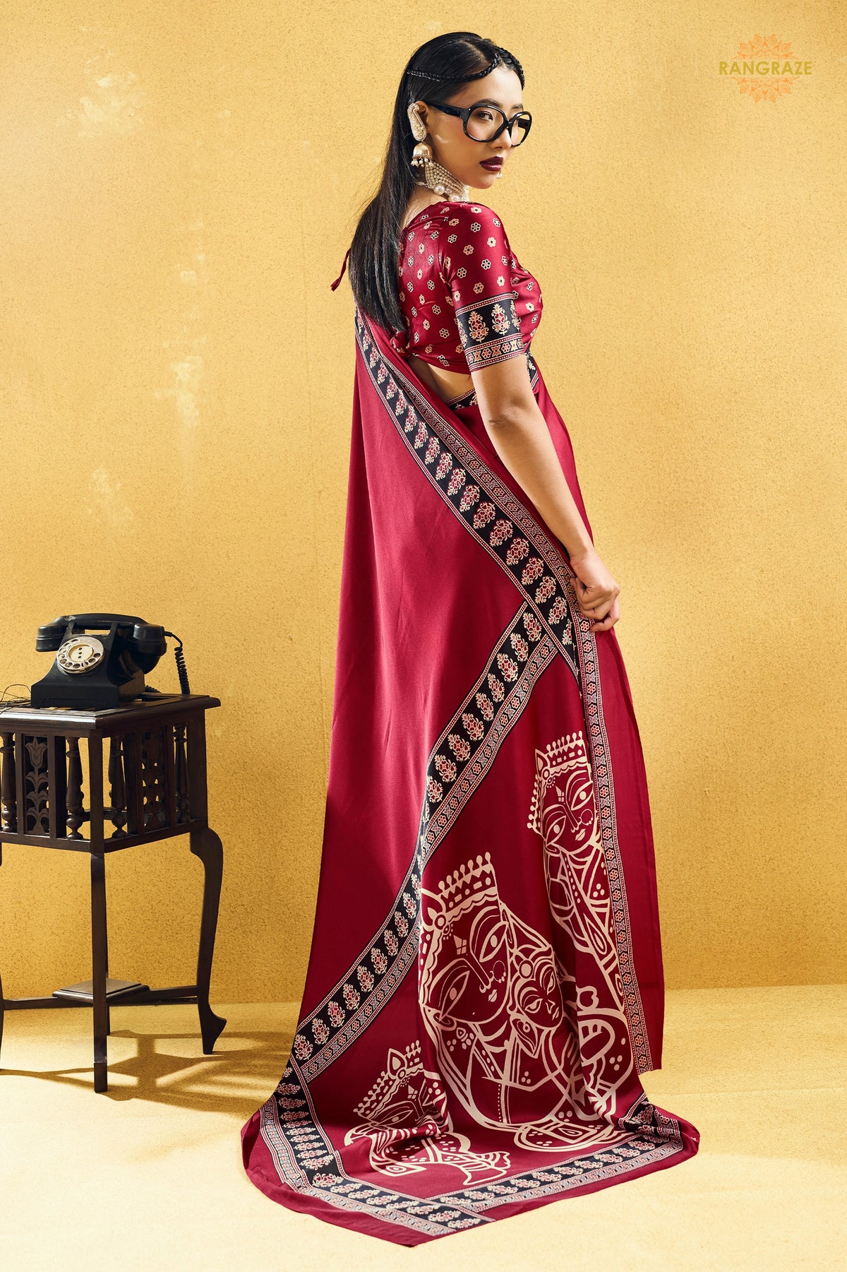 Crimson Red Ajrakh Print Modal Satin Saree