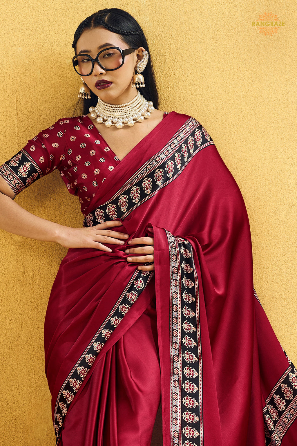 Crimson Red Ajrakh Print Modal Satin Saree