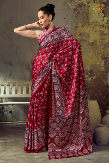 Crimson Red Printed Modal Satin Saree