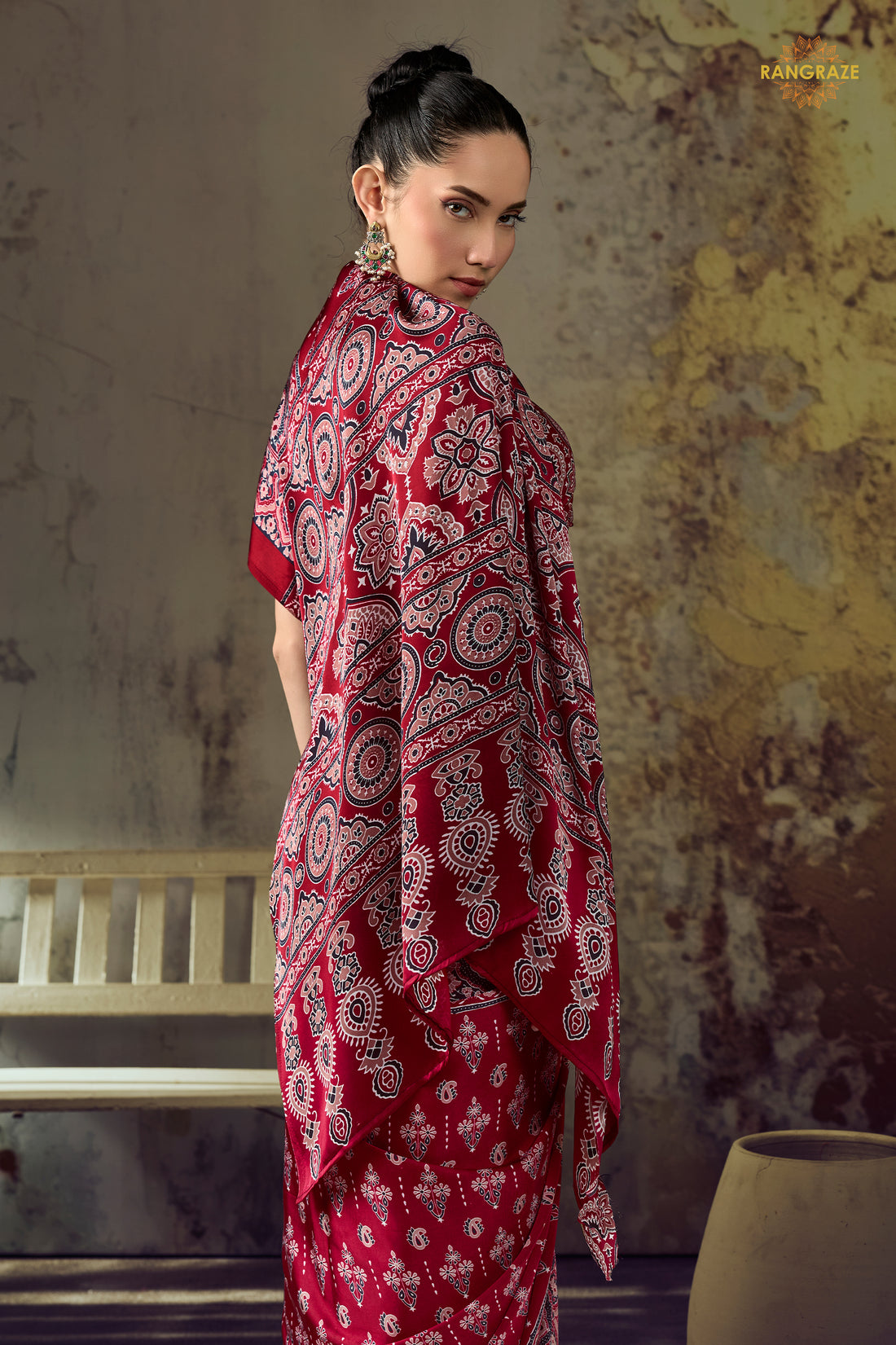 Crimson Red Printed Modal Satin Saree