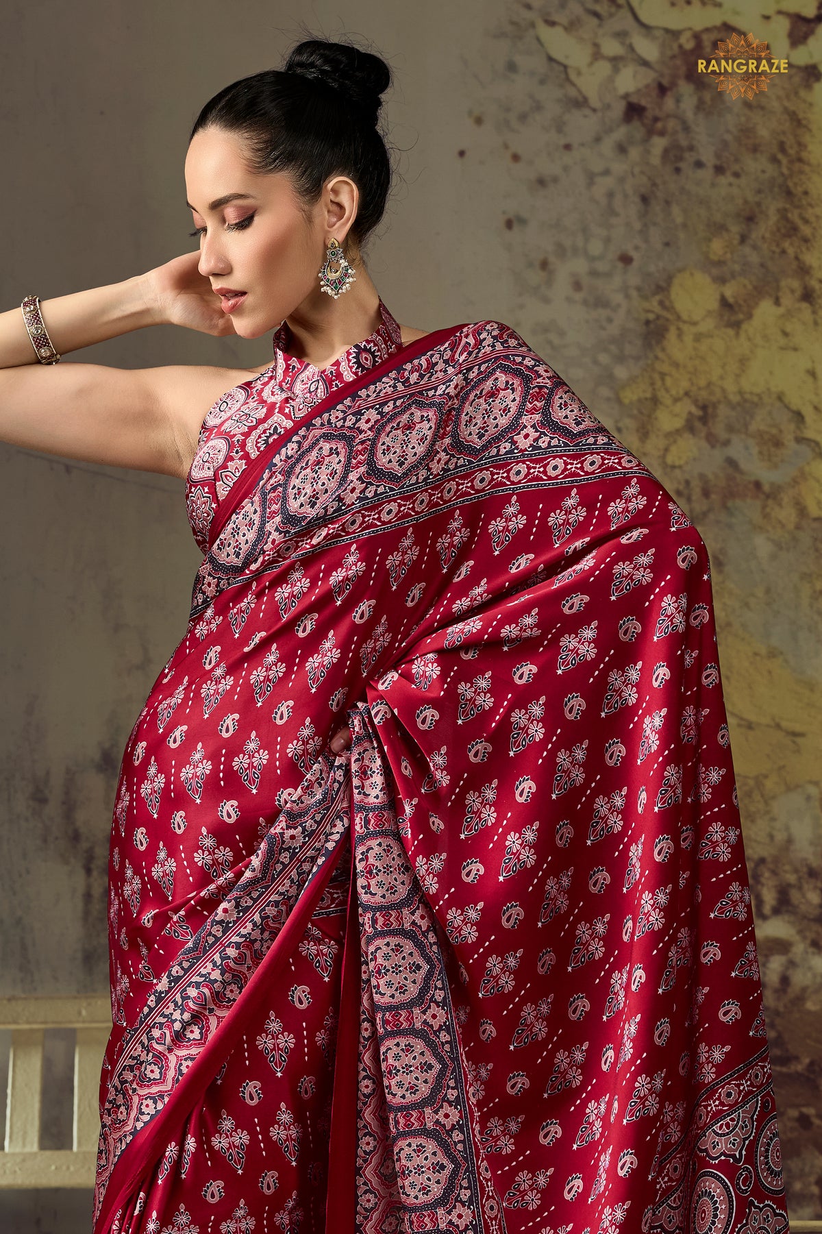 Crimson Red Printed Modal Satin Saree