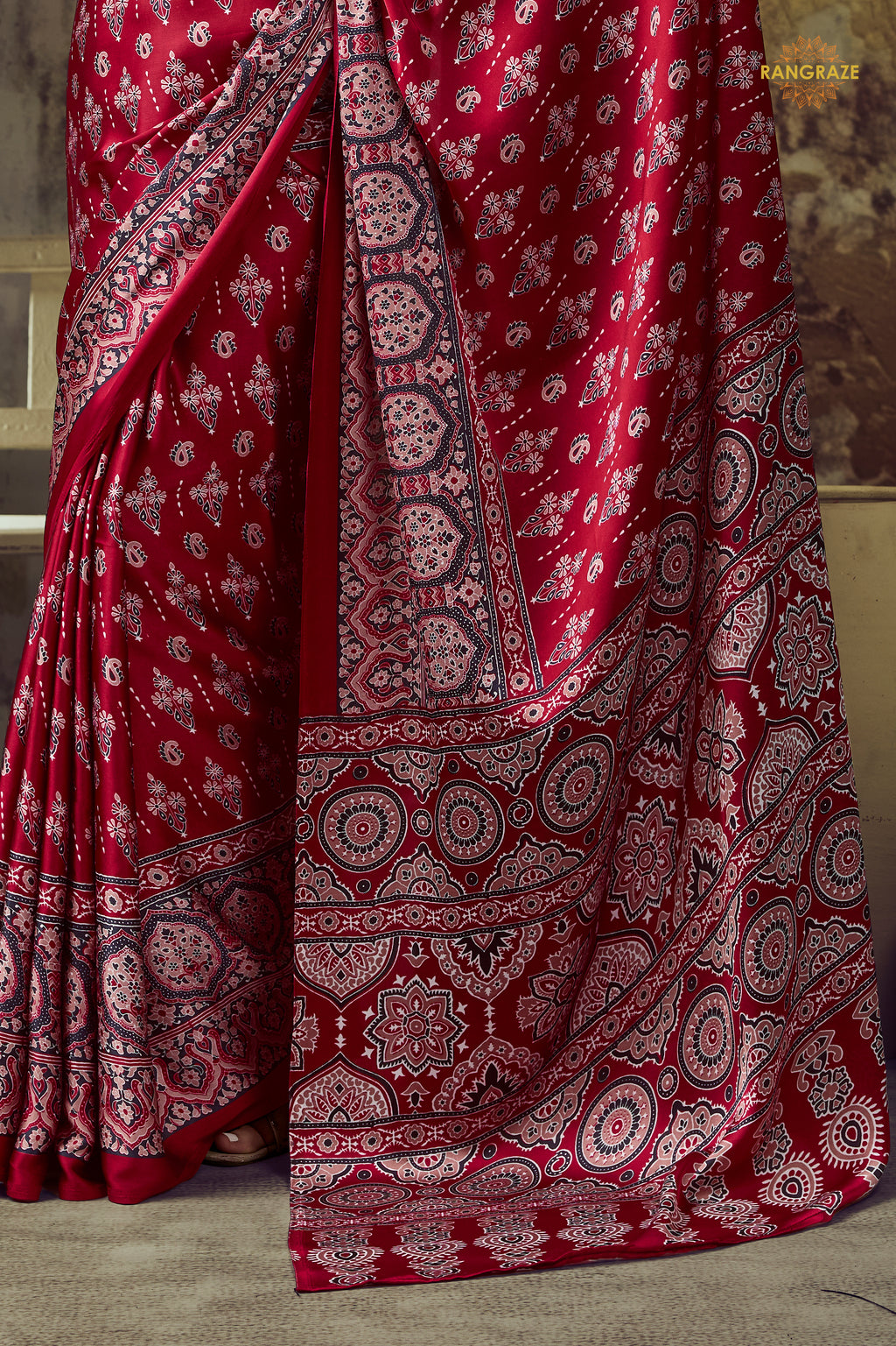 Crimson Red Printed Modal Satin Saree