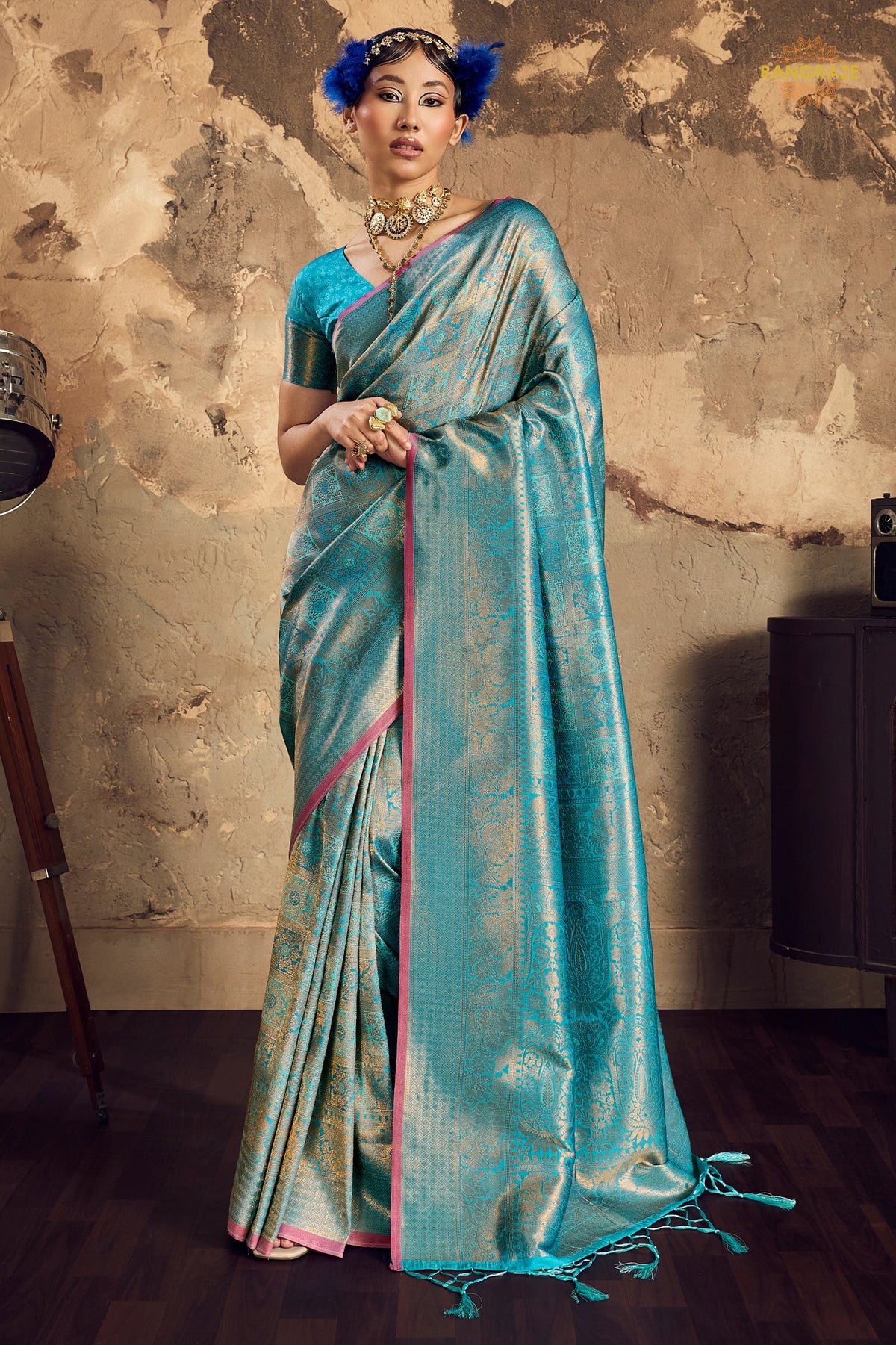 Cyan Mystique Woven Kanjivaram Silk Saree