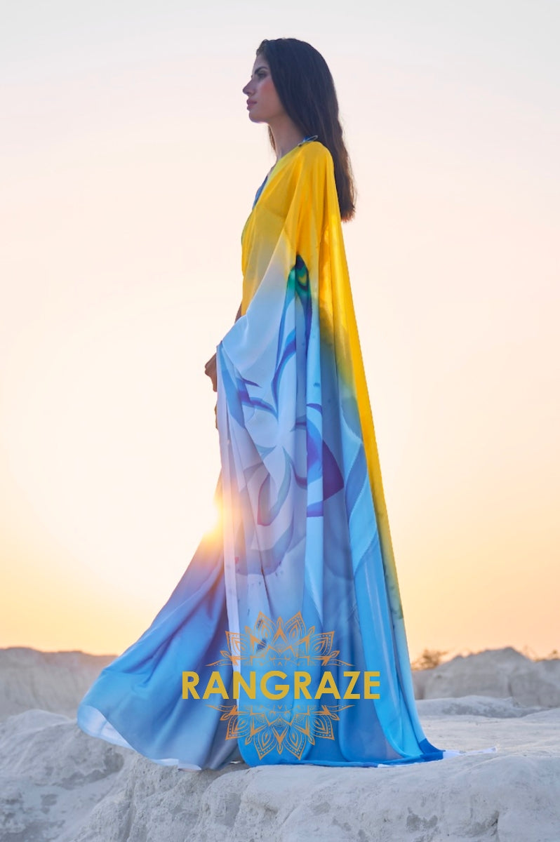 Cyan Blue And Sunny Yellow Digital Print Satin Silk Saree