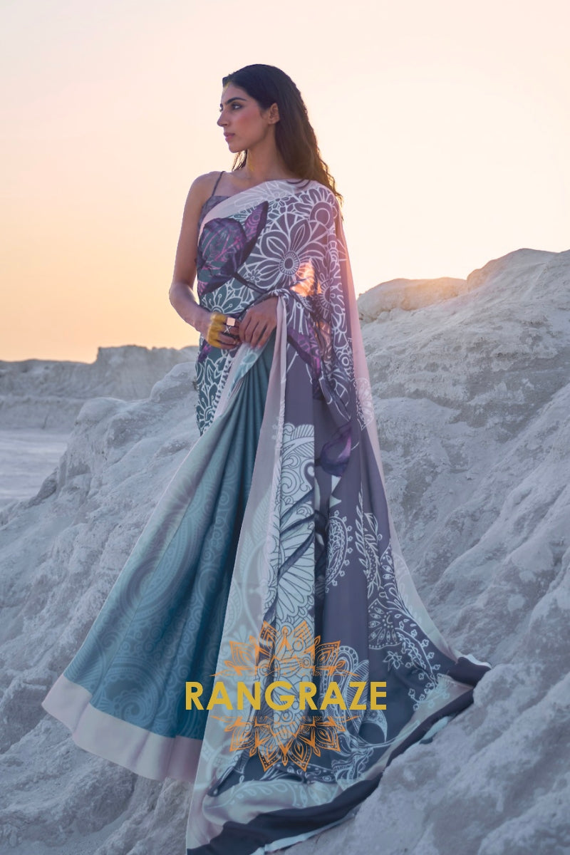 Cerulean Blue And Violet Digital Print Satin Silk Saree