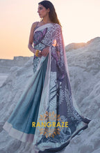 Cerulean Blue And Violet Digital Print Satin Silk Saree