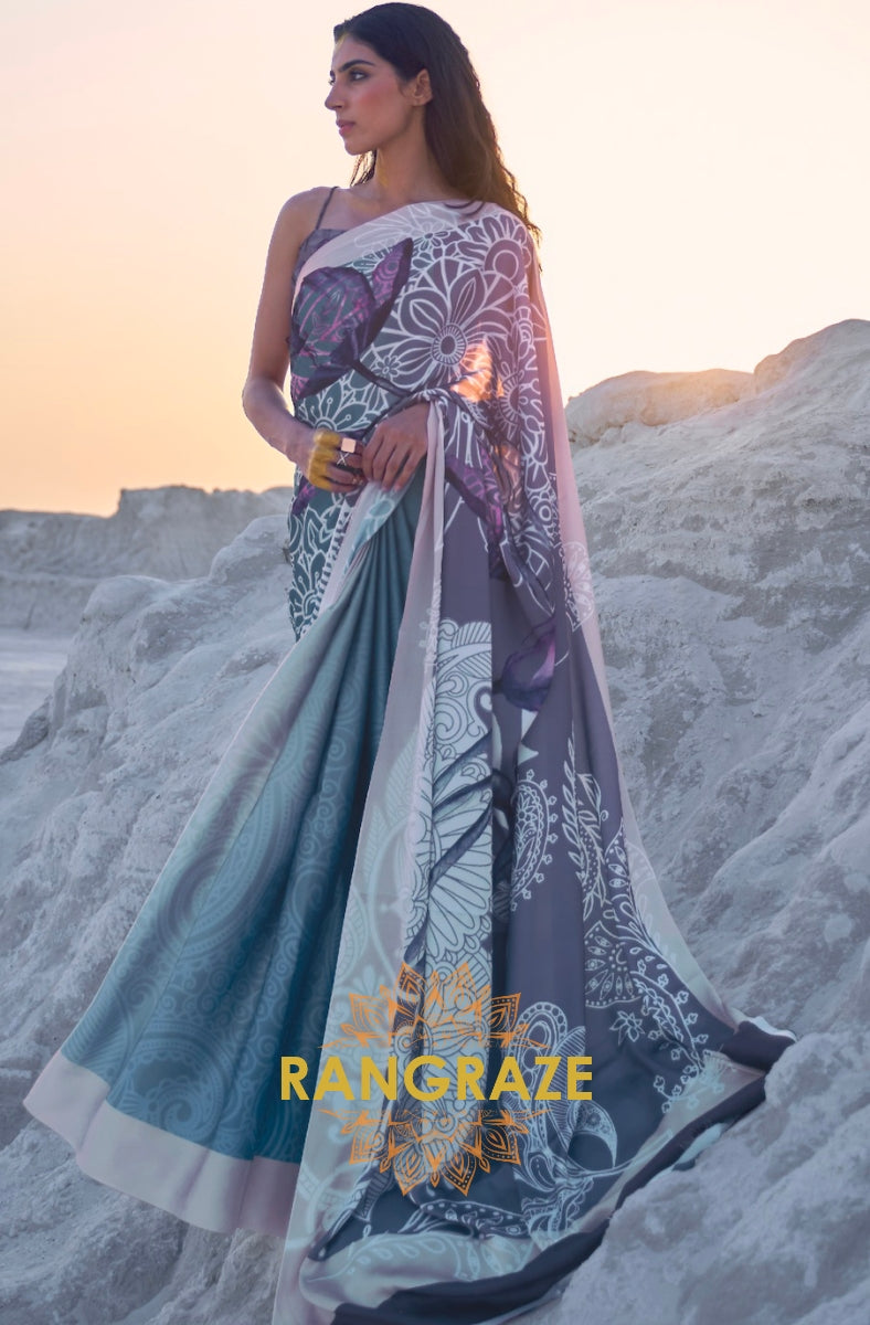 Cerulean Blue And Violet Digital Print Satin Silk Saree