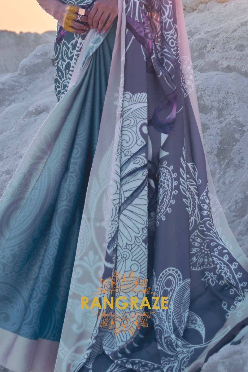 Cerulean Blue And Violet Digital Print Satin Silk Saree