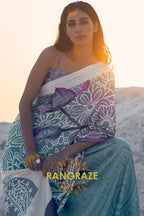 Cerulean Blue And Violet Digital Print Satin Silk Saree
