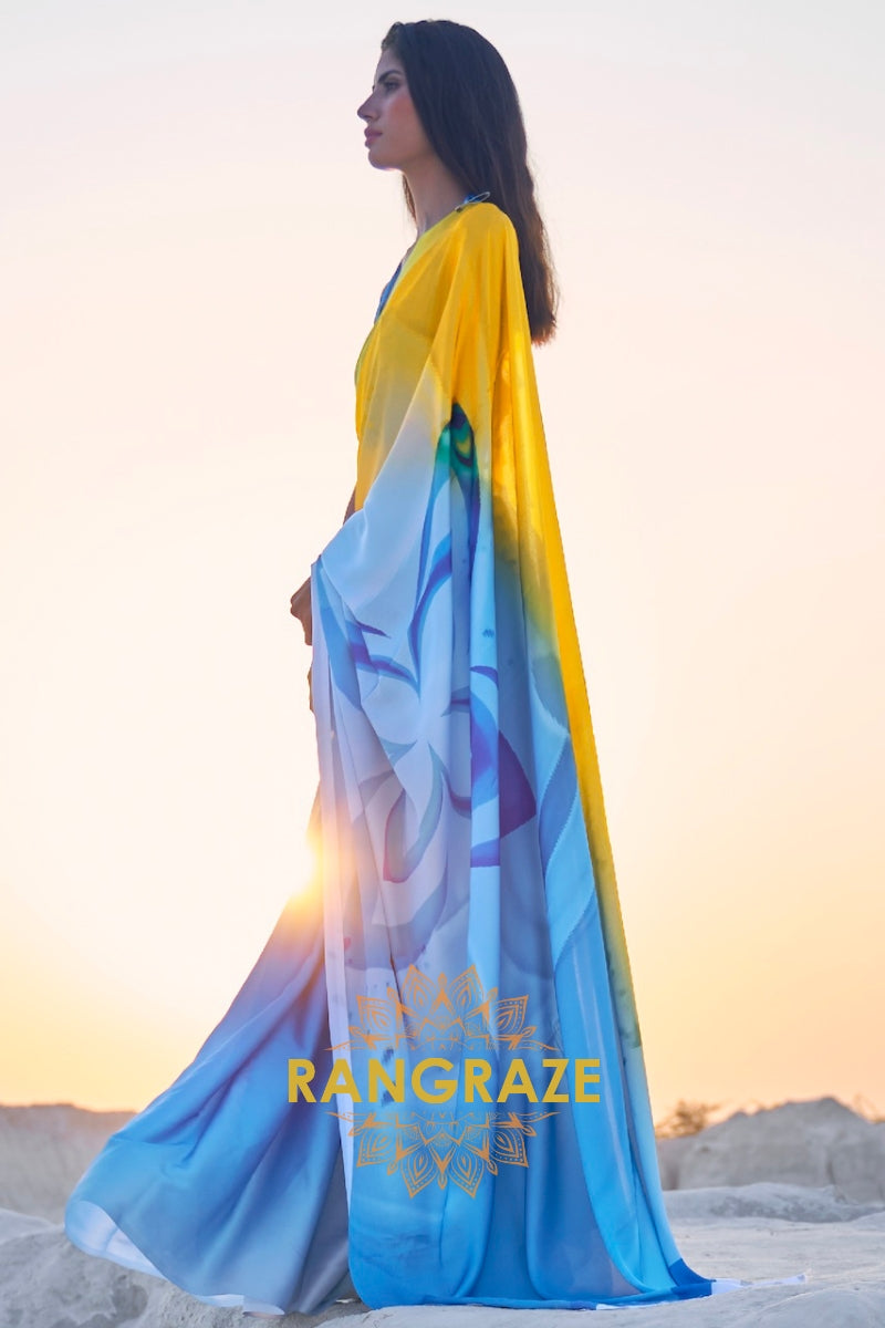Cyan Blue And Sunny Yellow Digital Print Satin Silk Saree