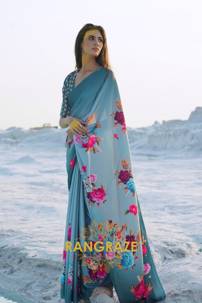 Turkish Blue Blossom Digital Print Crepe Silk Saree