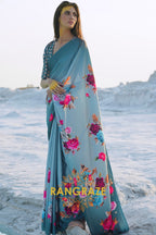 Turkish Blue Blossom Digital Print Crepe Silk Saree