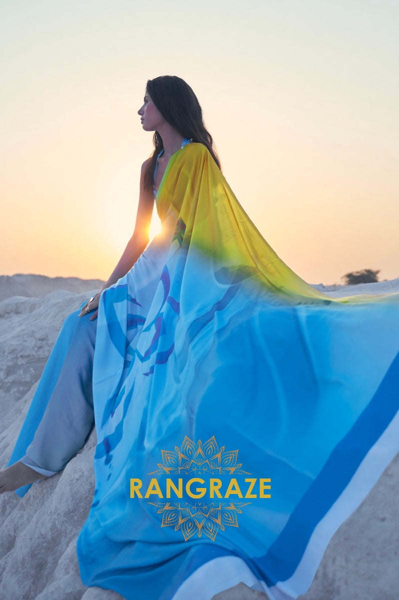 Cyan Blue And Sunny Yellow Digital Print Satin Silk Saree