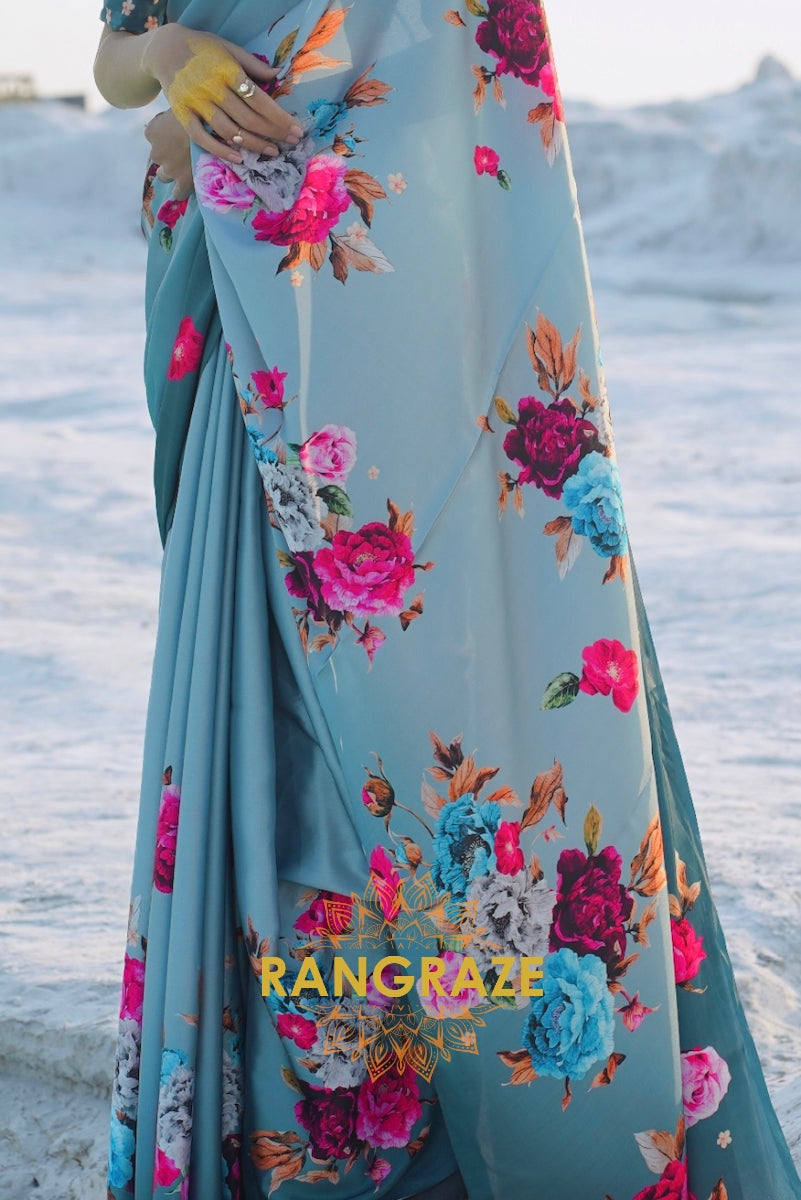 Turkish Blue Blossom Digital Print Crepe Silk Saree