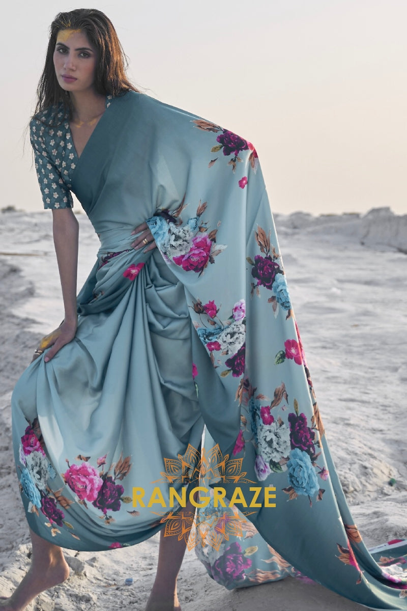 Turkish Blue Blossom Digital Print Crepe Silk Saree