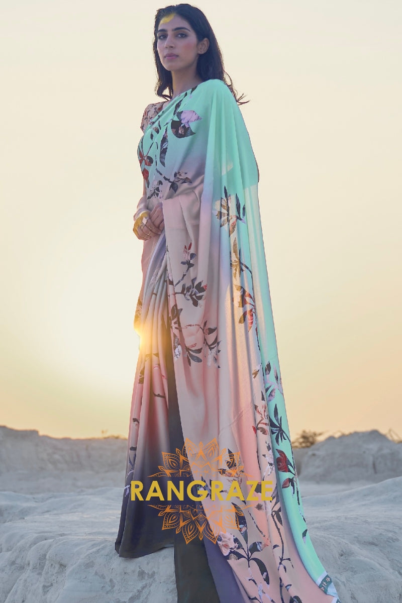 Shaded Peach Pink And Sea Green Digital Print Satin Silk Saree