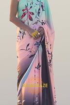 Shaded Peach Pink And Sea Green Digital Print Satin Silk Saree