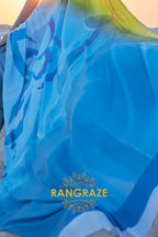 Cyan Blue And Sunny Yellow Digital Print Satin Silk Saree
